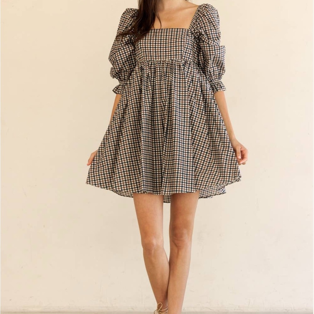 Gingham Checkered Pattern Puff Sleeve Mini Dress - image 1